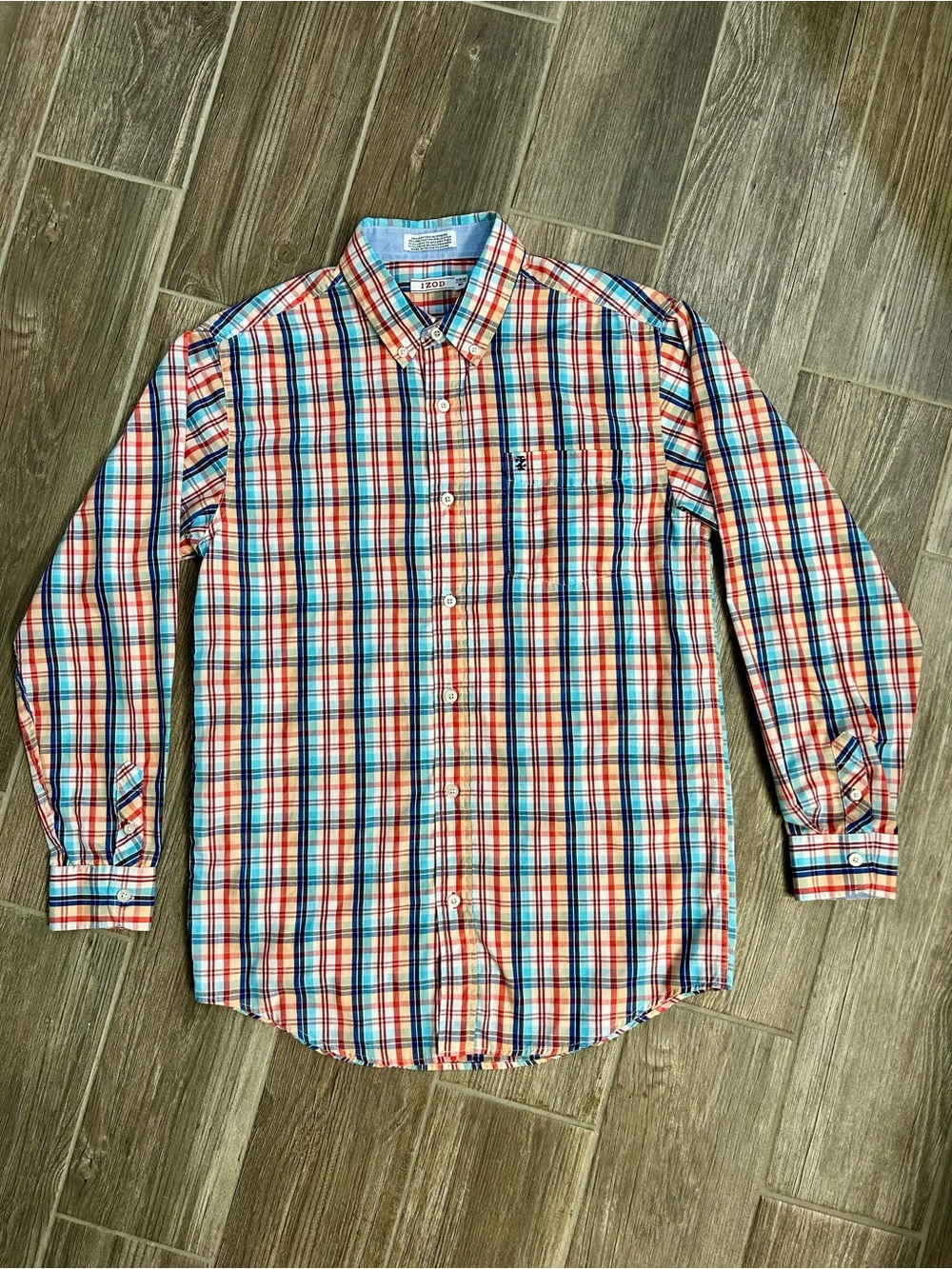 Izod Boy’s Red, Orange, Blue & White Plaid Button-Down Shirt, Size XL (18/20)